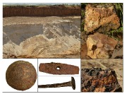 Песчаный карьер в окрестностьях с. Истье. Справа сверху вниз – кусок берого железняка, кремень и заводской шлак из домны в с. Истье. Внизу слева – экспонаты краеведческого музея (пушечное ядро, молоток, гвоздь-костыль) title=